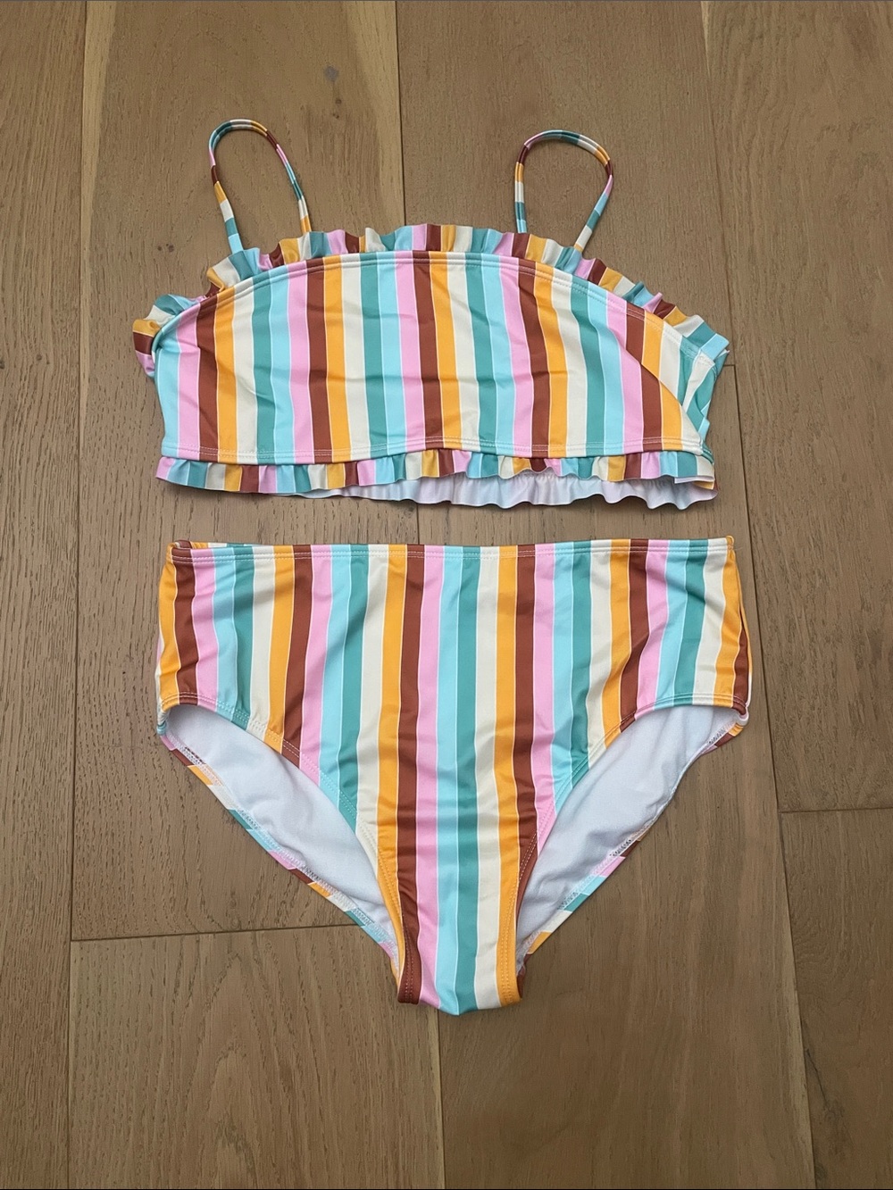 Time and Tru Girls' Striped Ruffle Bikini - Mint, Pink, Yellow, Orange, White